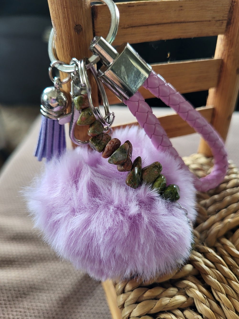 Plush Lavender Pom Pom Keychain With Unakite Stones And Leather Finger Handle
